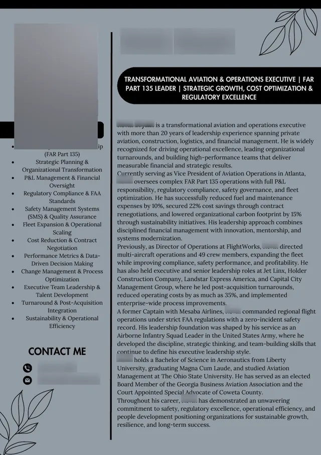 Aviation & Operations Executive executive bio written by HoverAdsPro